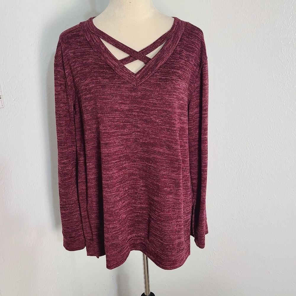 Bellamie Maroon Heathered Criss-Cross V-neck Top, Size XL